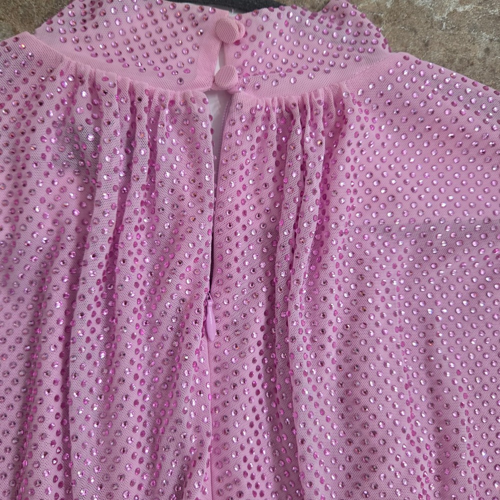 Self-Portrait Pink Rhinestone Mesh Mini Dress Feather Cuffs US 2 UK 6 - Picture 8 of 9